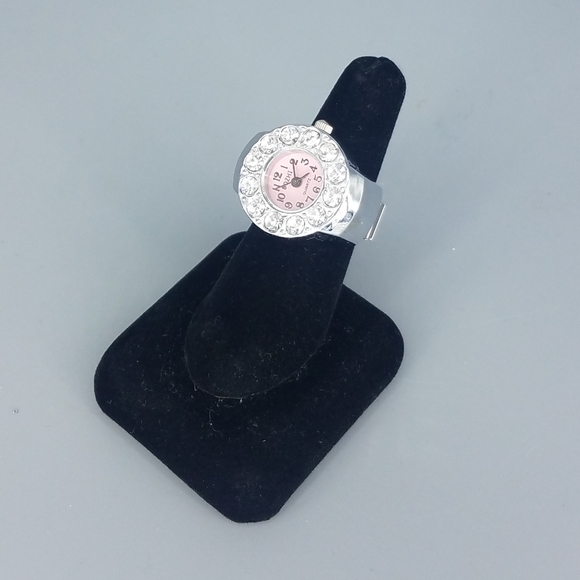 Silvertone Pink Rhinestone Ring Watch - Picture 6 of 8